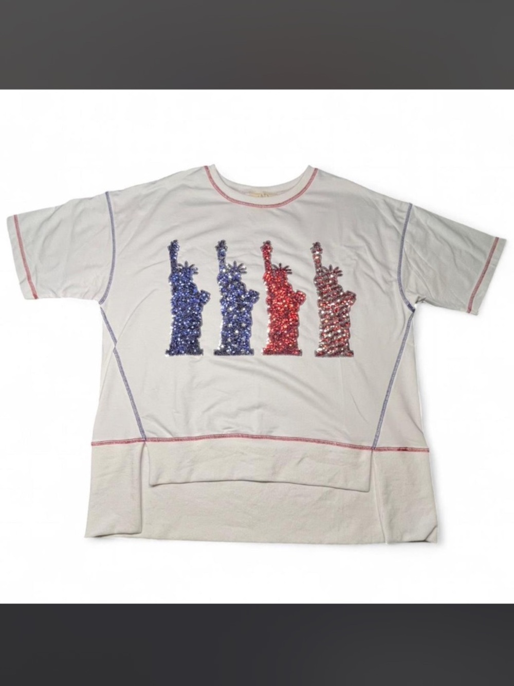 Fantastic Fawn Statue of Liberty Sequin Top, S Oversized